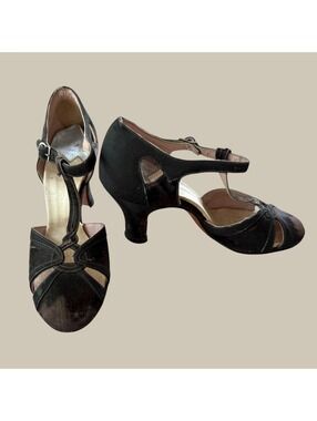 20s Ballroom Dance Heels, Black Silk Strappy Pumps, Very Small Foot, Flapper
